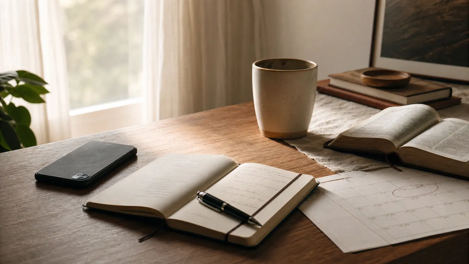 A phone, open Bible, notebook, and meeting calendar on a warm morning desk